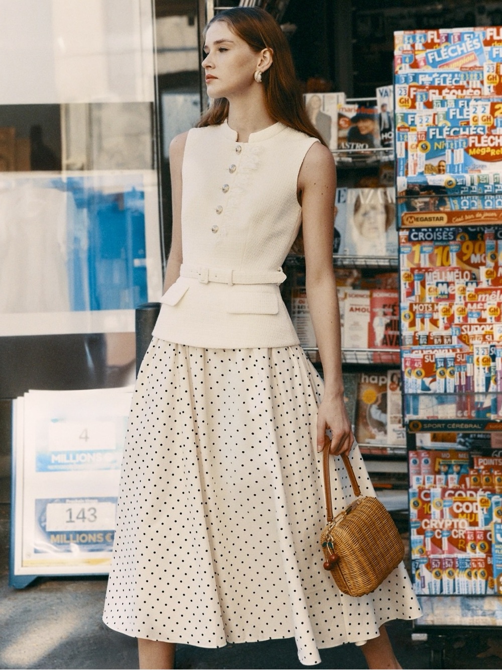 NWOT Self-Portrait Cream Boucle Polka Dot Midi Skirt